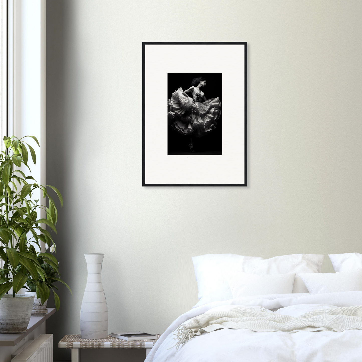 Framed black and white photograph of hands reaching upwards.