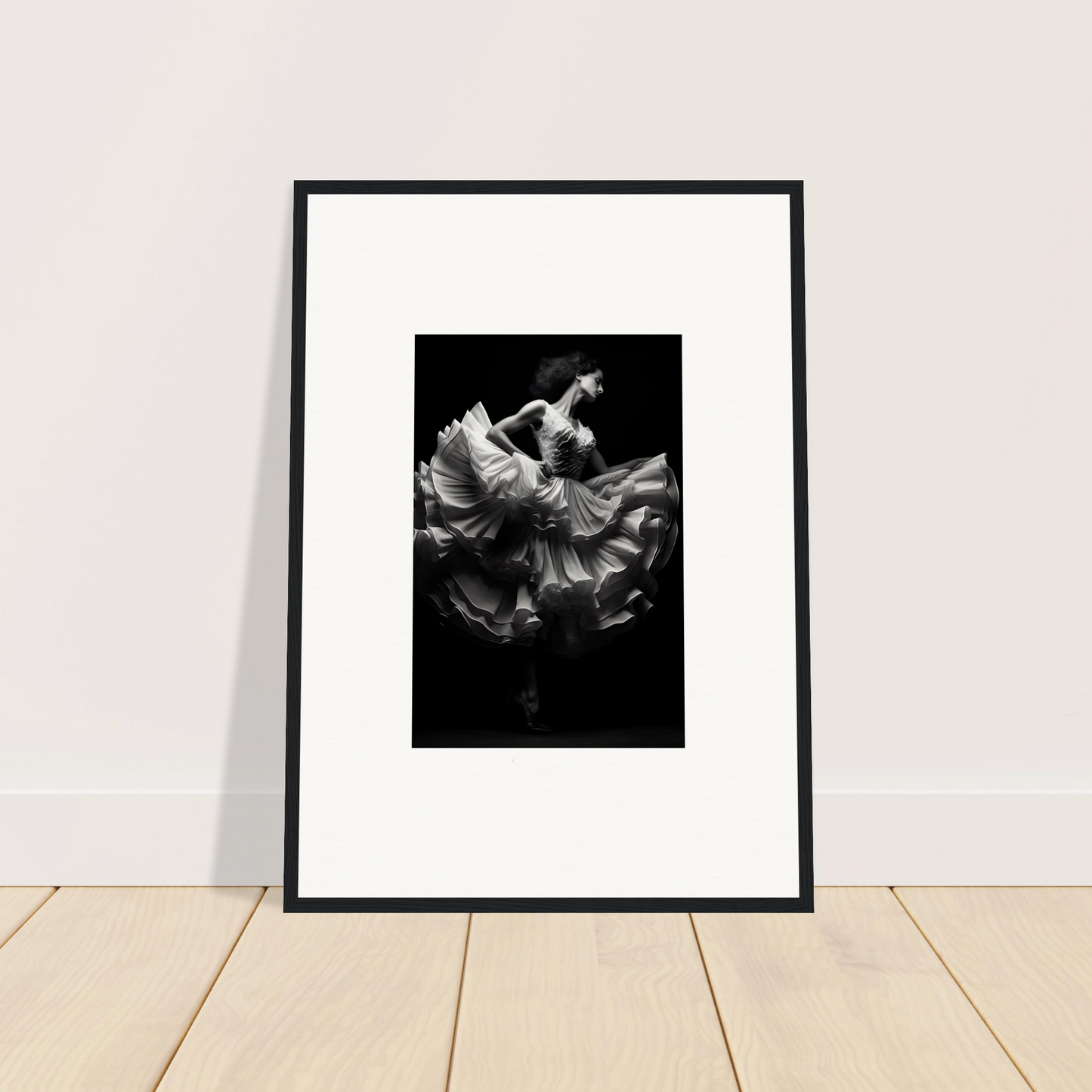 Framed black and white photograph of swirling flower petals in motion.