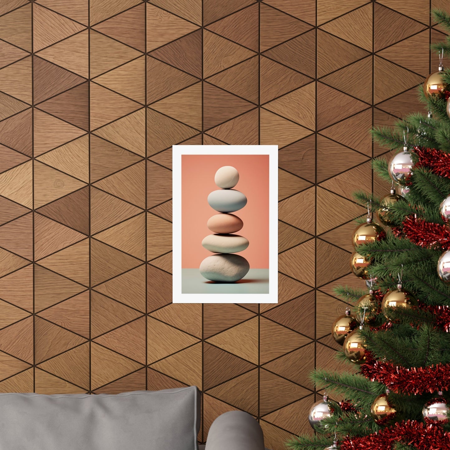 A christmas tree with a picture of a stack of rocks