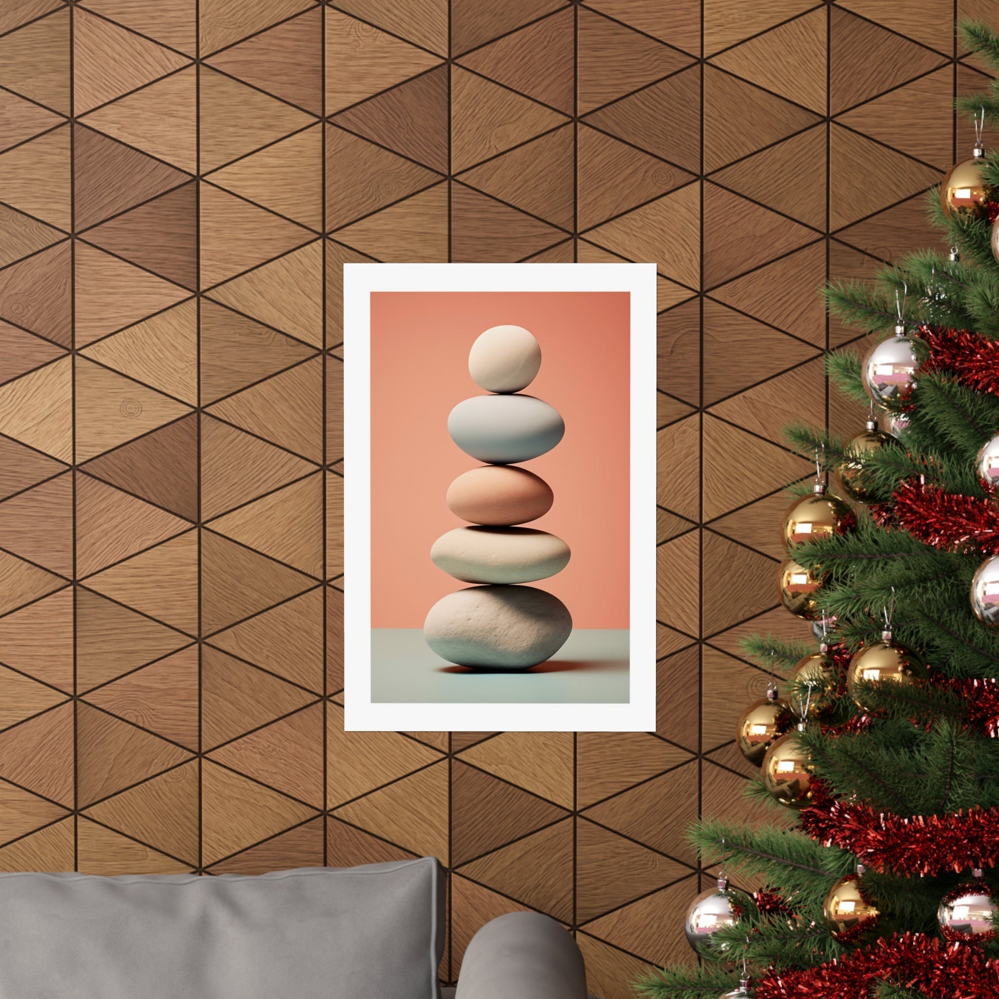 A christmas tree with a picture of a stack of rocks