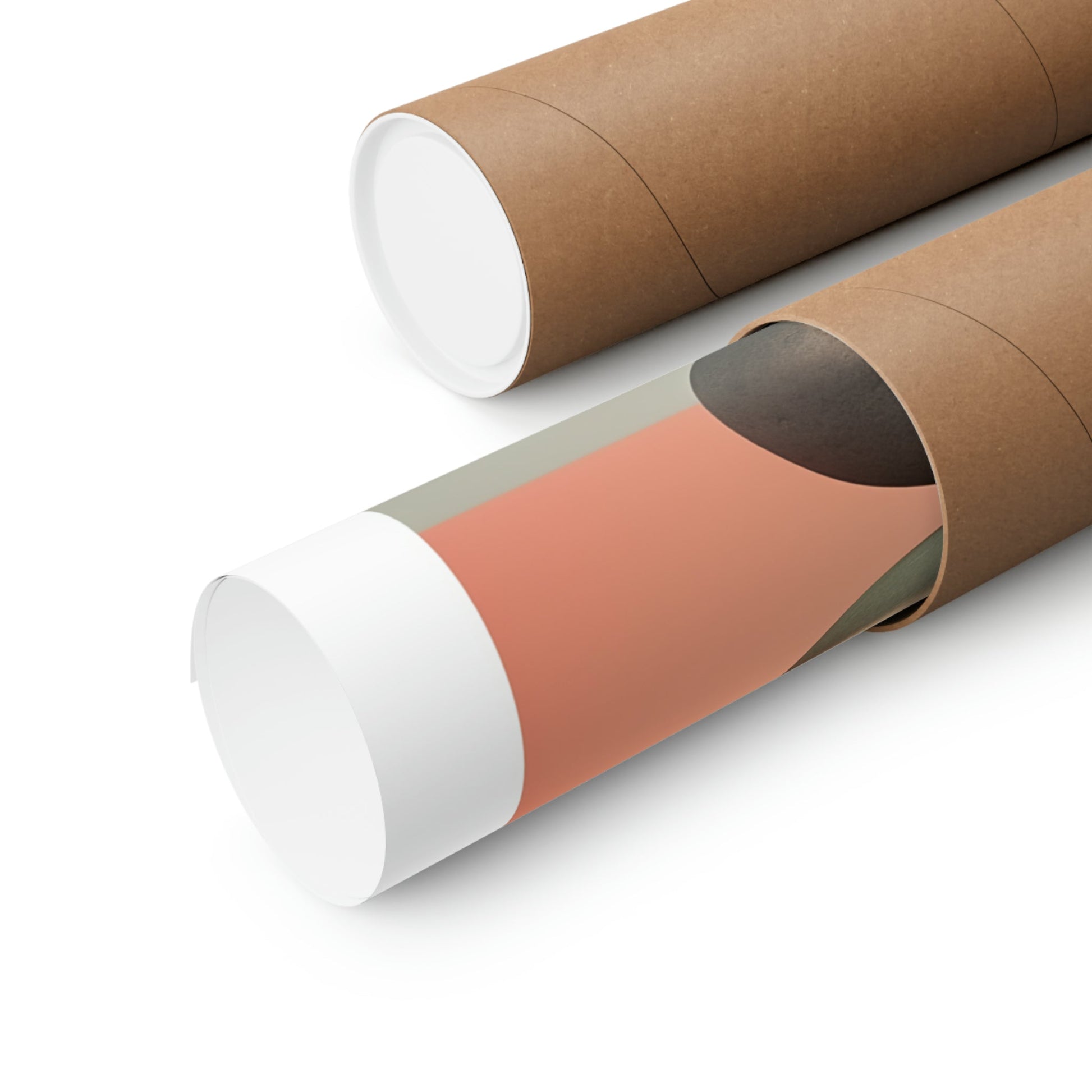 Two rolls of brown paper with a white and pink stripe