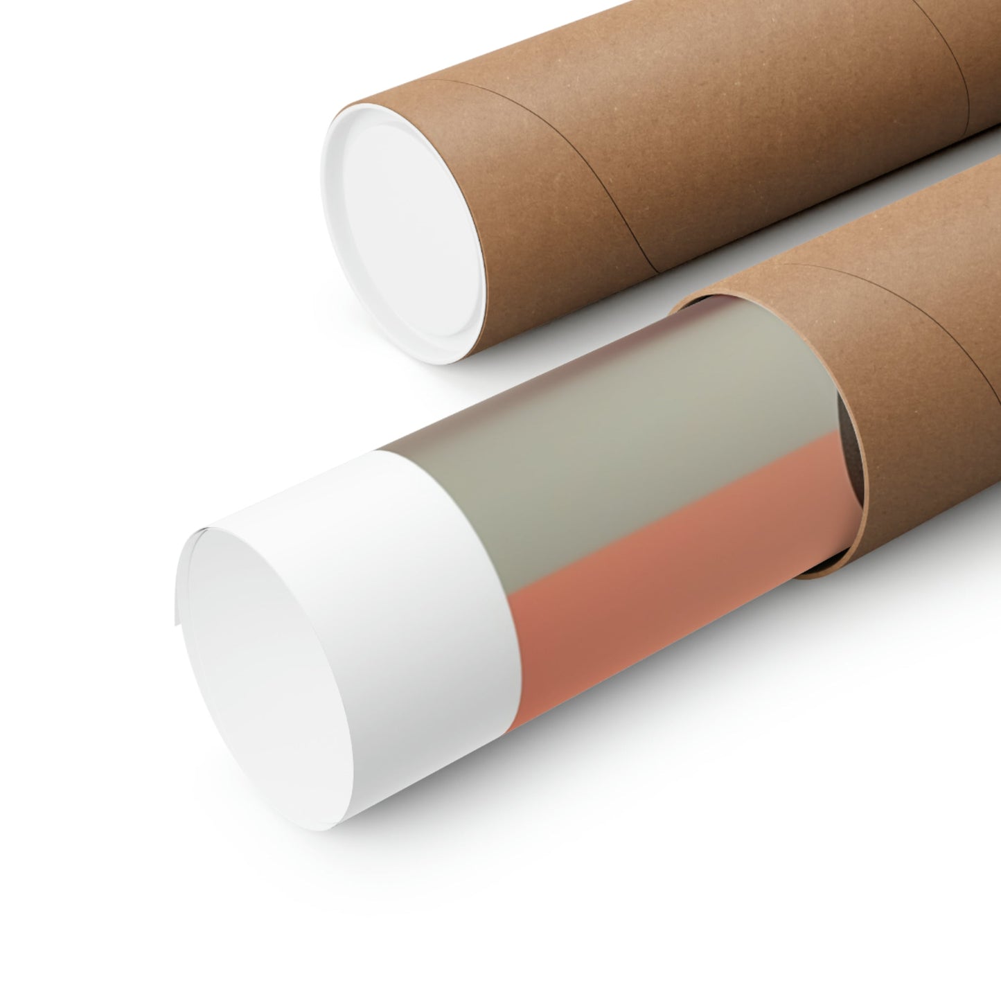 Two rolls of brown paper with a white and orange stripe