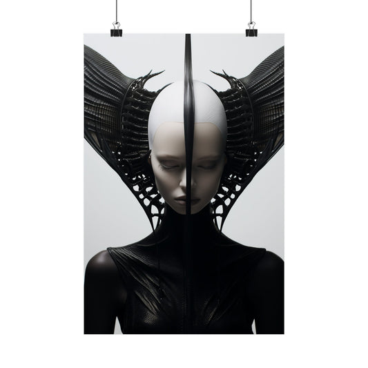 Surreal sculpture or mask with an elongated, wing-like headdress framing a featureless face.