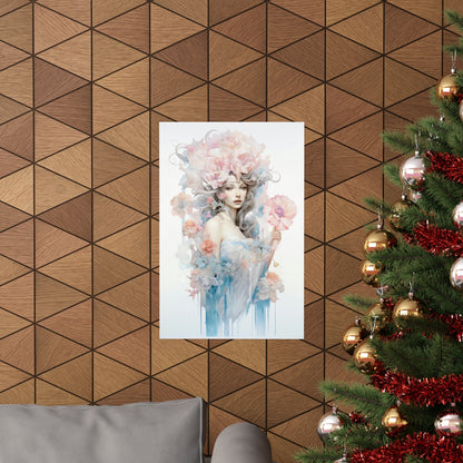 A christmas tree with a painting of a woman in a blue dress