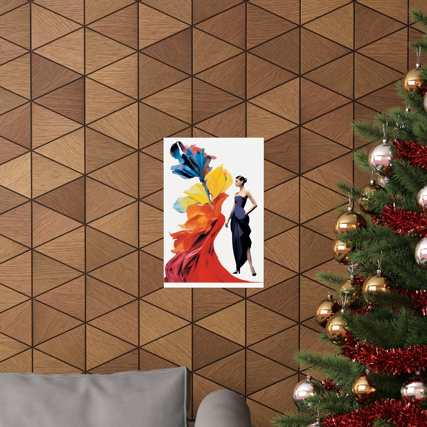 A christmas tree with a picture of a woman in a dress