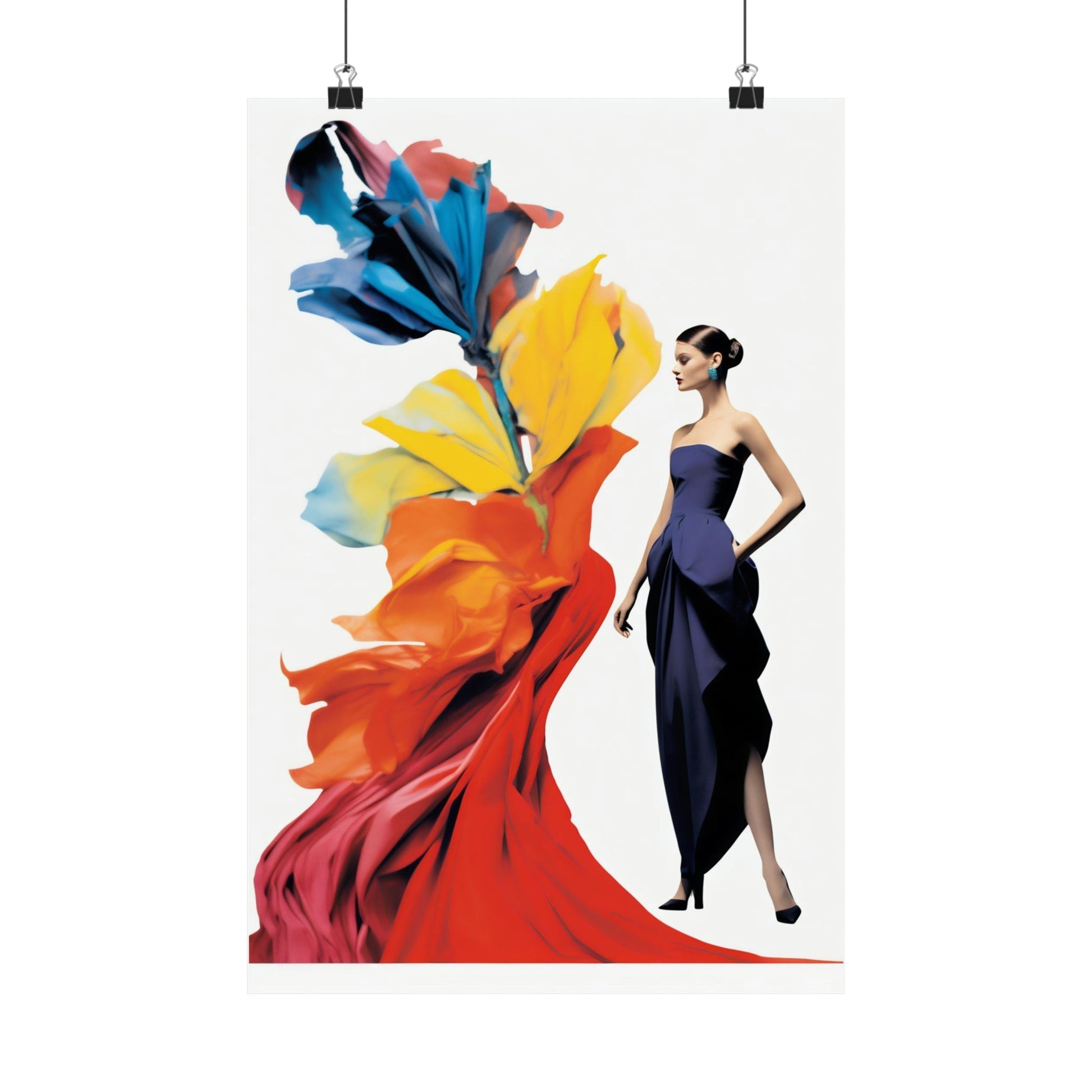 Stylized illustration of a woman in a blue dress standing next to vibrant, abstract floral shapes.