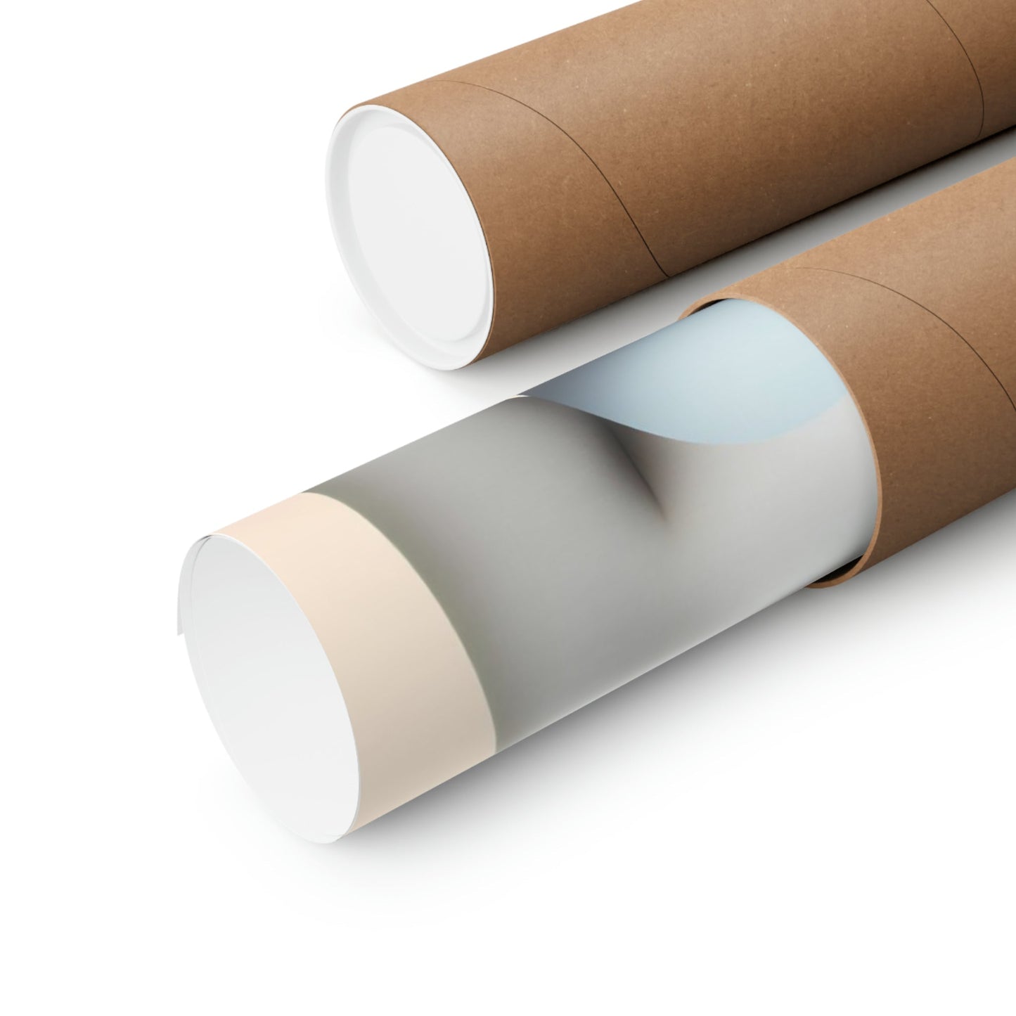 Two rolls of brown paper with white paper on them