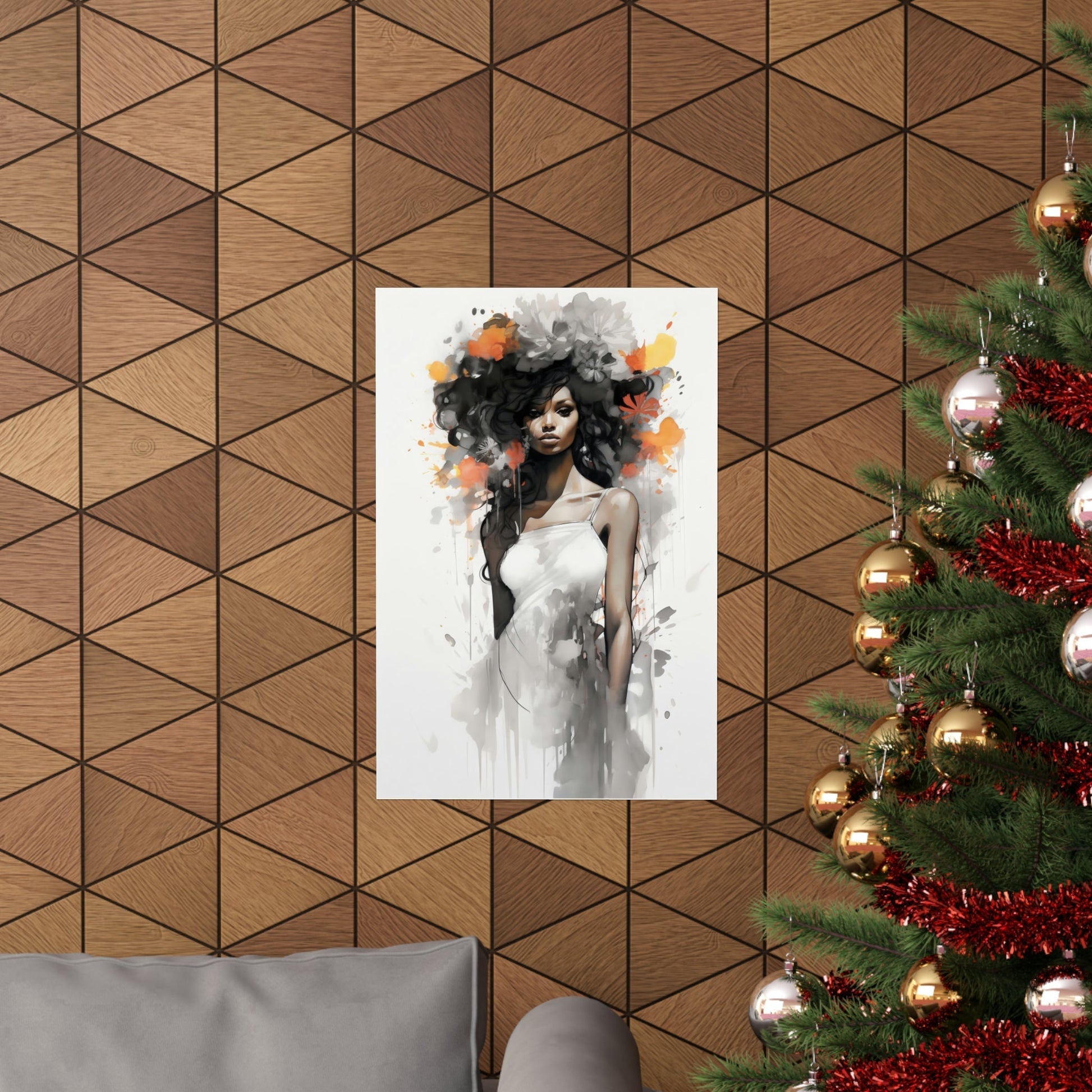 A christmas tree with a painting of a woman in a white dress