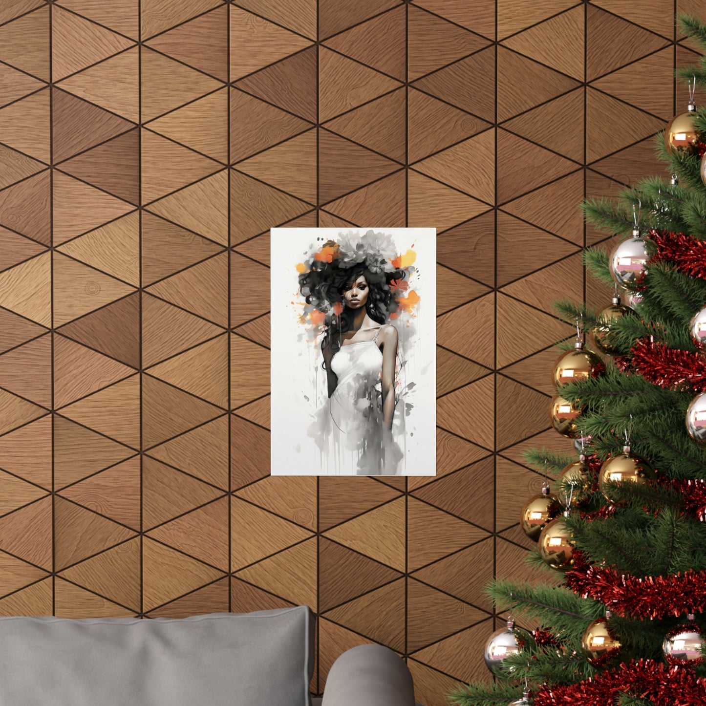 A christmas tree with a picture of a woman