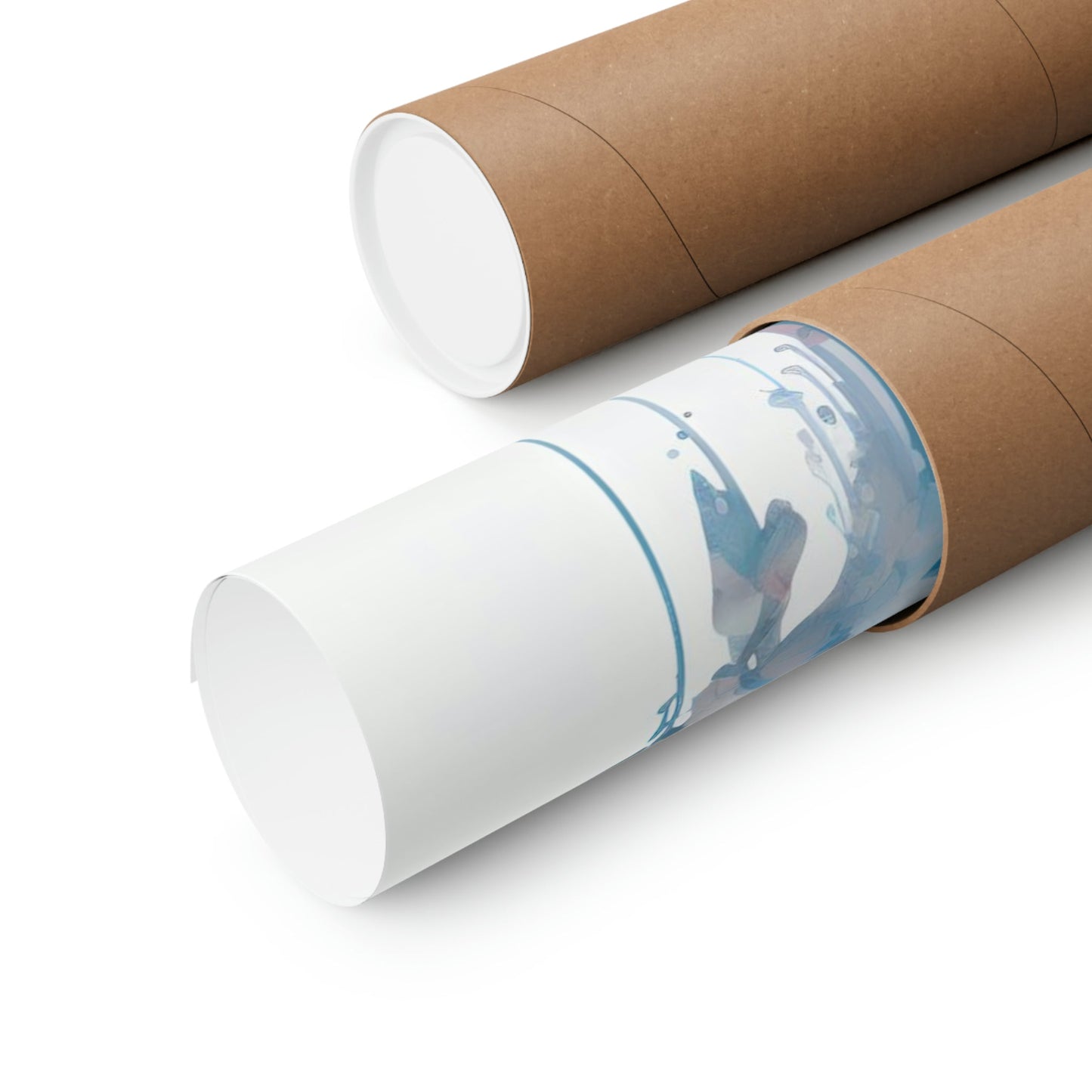 Two rolls of brown paper with a blue and white design