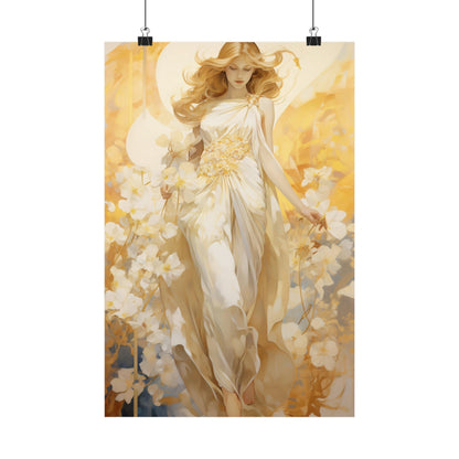 Ethereal painting of a woman in flowing white dress surrounded by golden hues and delicate flowers.