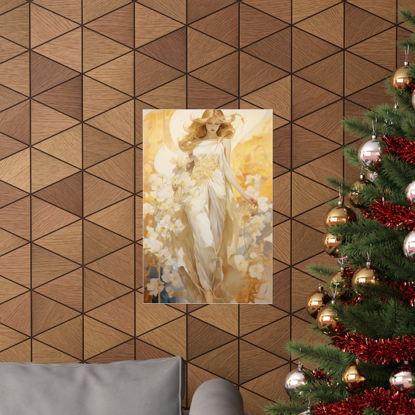 A christmas tree with a gold and white painting