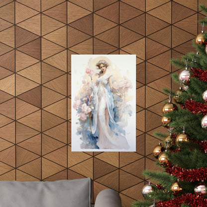 A christmas tree with a painting of a woman in a white dress