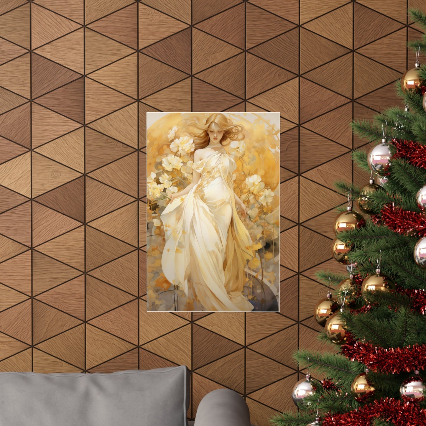 A christmas tree with a picture of a woman in a white dress