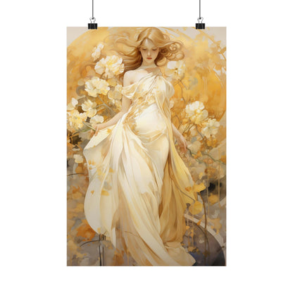 Ethereal painting of a woman in a flowing white dress surrounded by golden flowers.