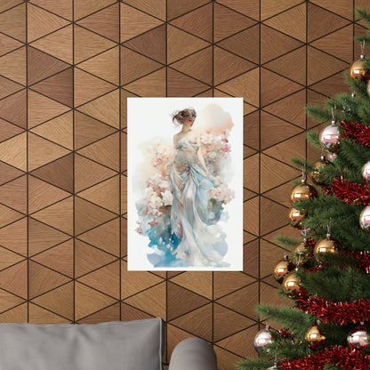 A christmas tree with a picture of a woman in a blue dress