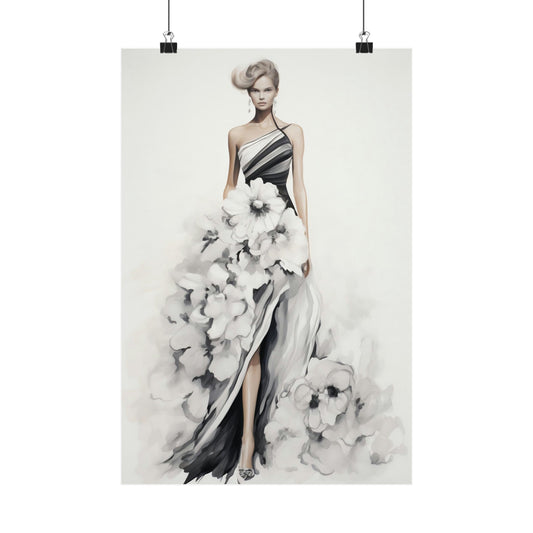 Fashion illustration of a woman in an elegant one-shoulder gown with dramatic ruffled details.