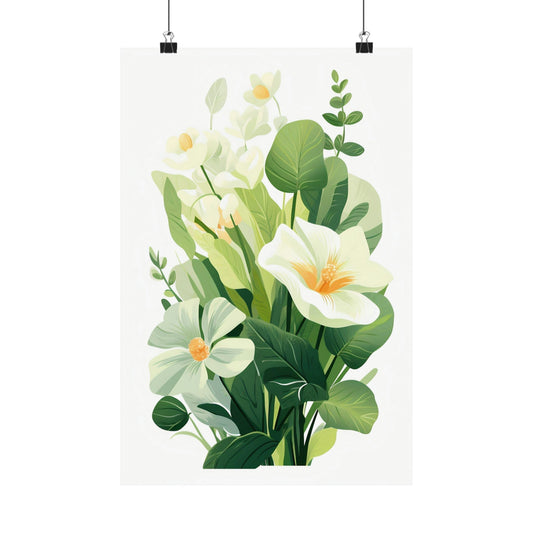 Watercolor-style floral illustration featuring white flowers and green leaves.