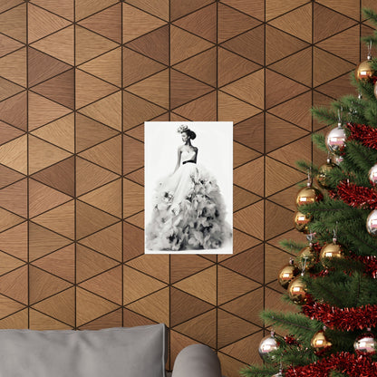 Decorative wall with a geometric triangle pattern and a framed black and white artwork.