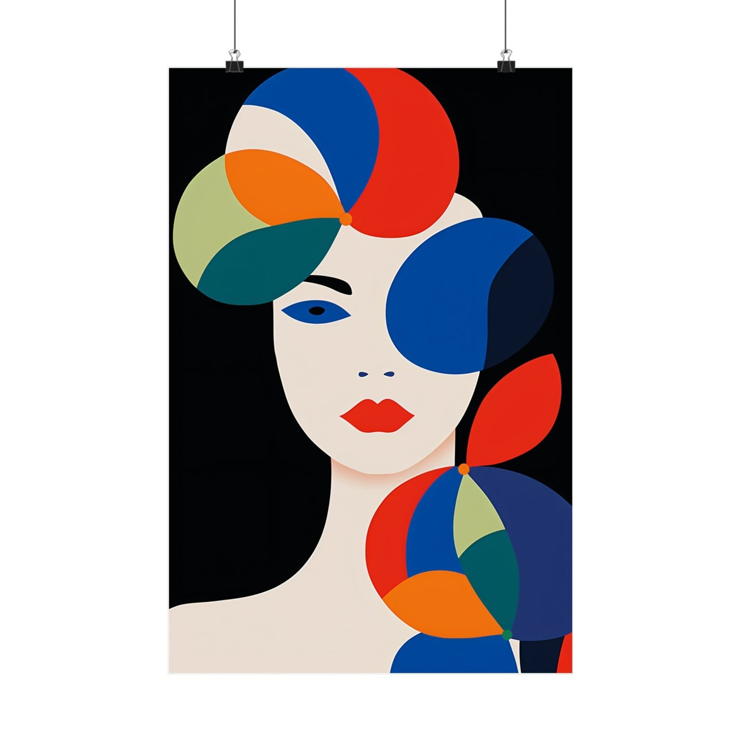 A poster with a woman’s face and colorful circles