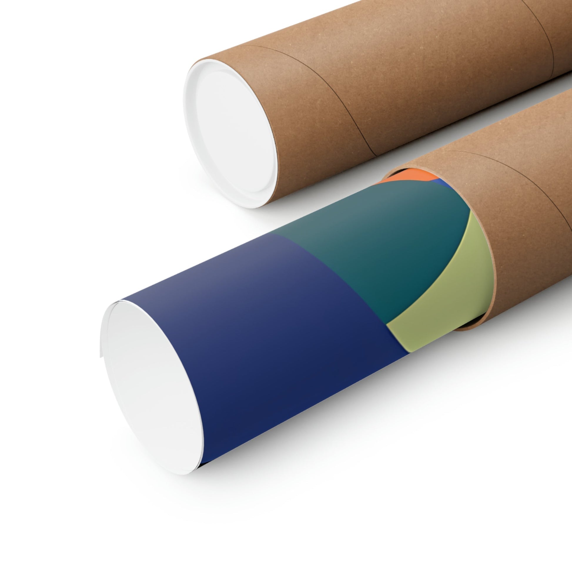 Two rolls of brown paper with green and blue