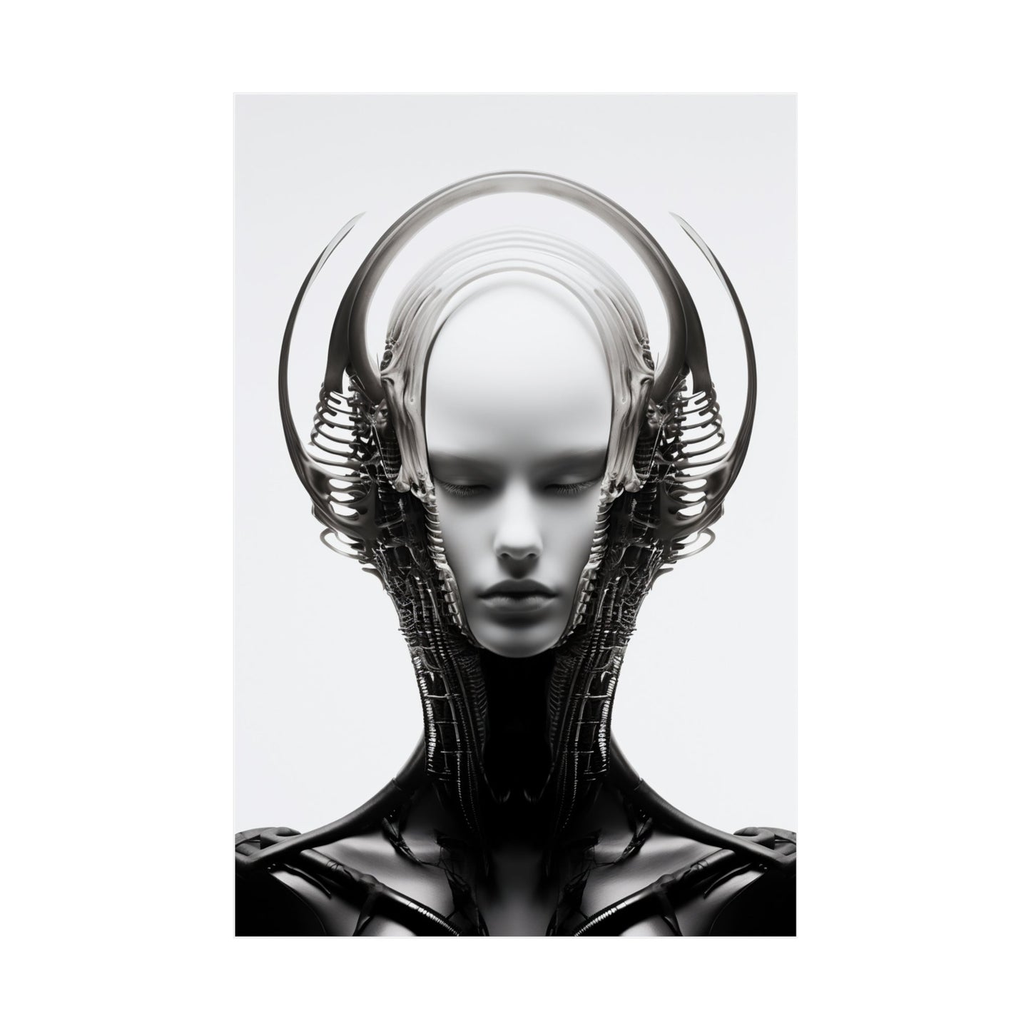 Futuristic humanoid figure with an elaborate metallic headpiece resembling curved horns or antennae.