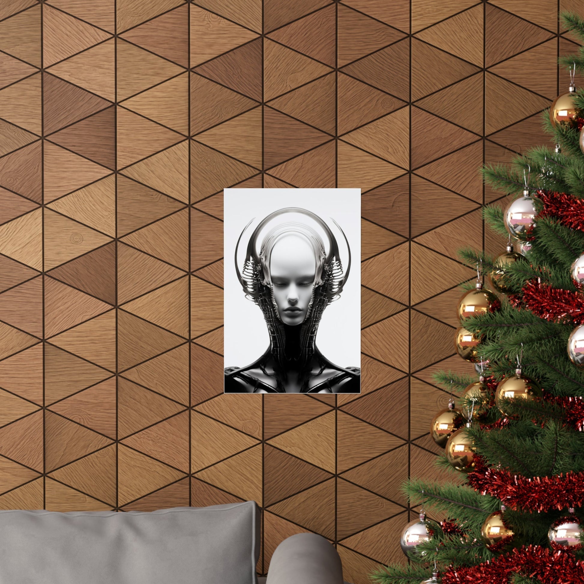 Futuristic monochrome portrait of a figure wearing headphones against a geometric background.