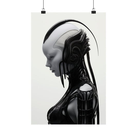 Futuristic humanoid robot with a sleek black and white design, featuring a smooth face profile and intricate mechanical details.