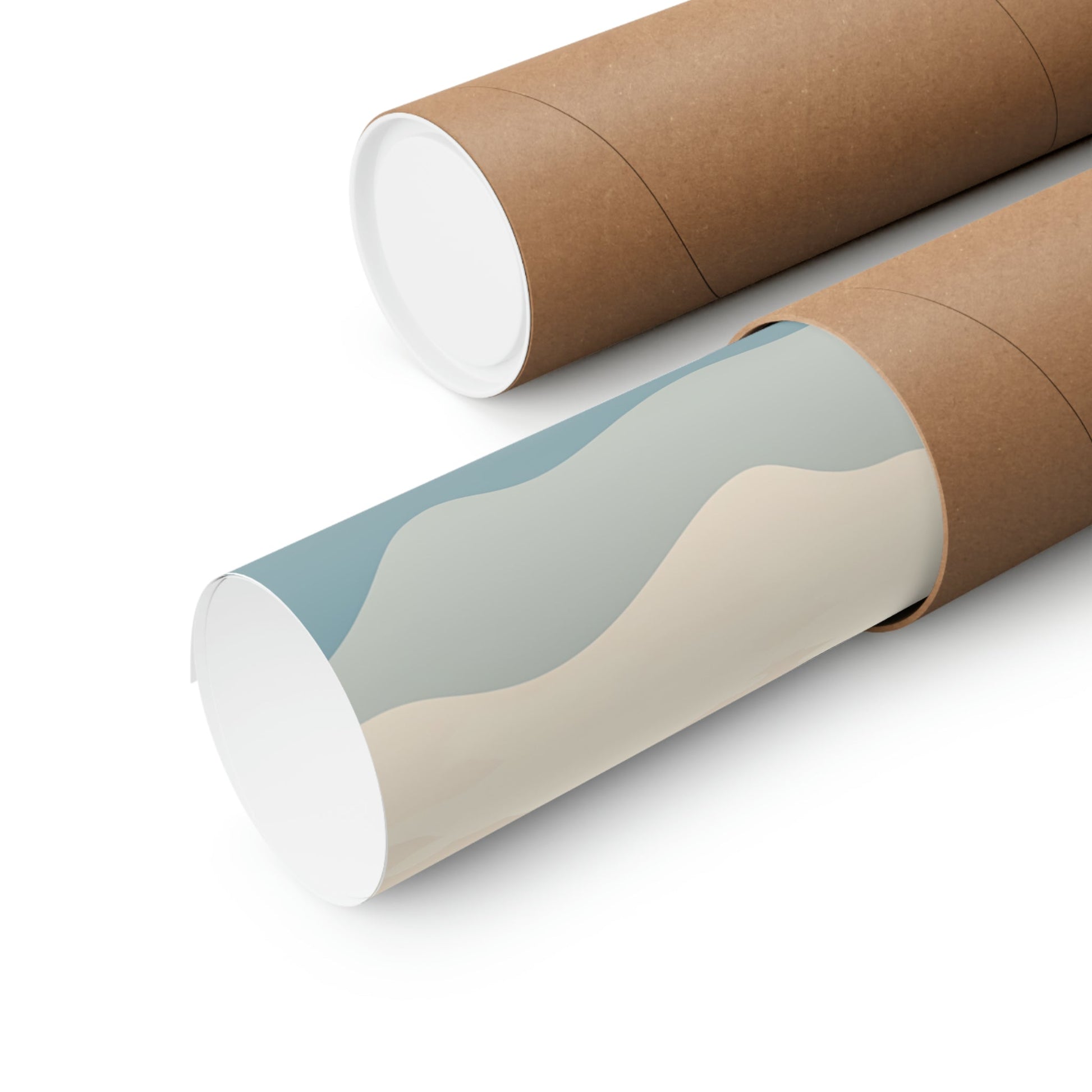 Two rolls of brown paper with a blue and white design