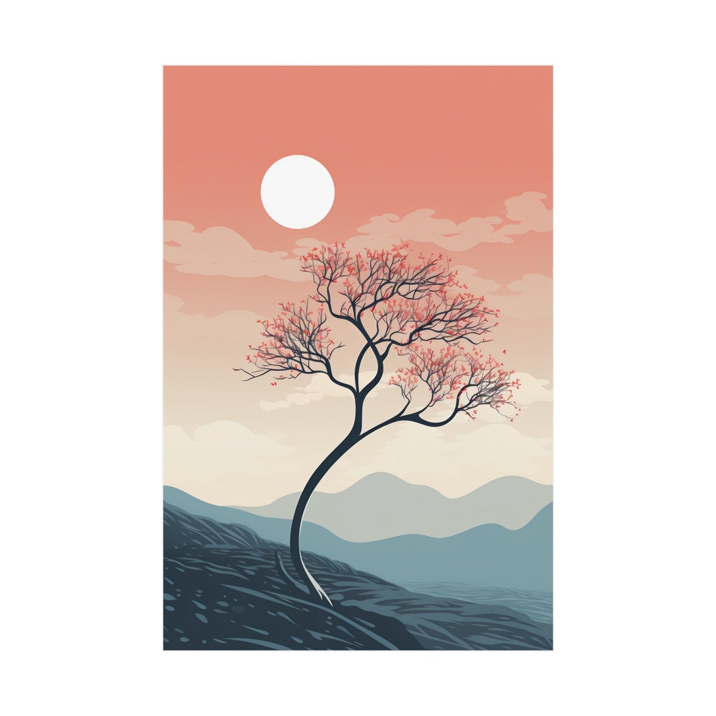 A poster with a tree and mountains in the background