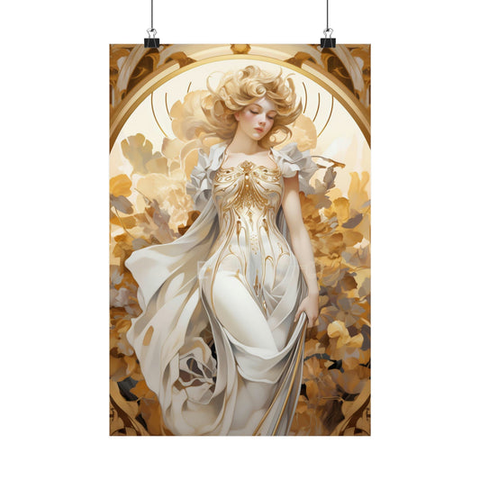 Ethereal woman in flowing white dress with golden hair and angelic features.