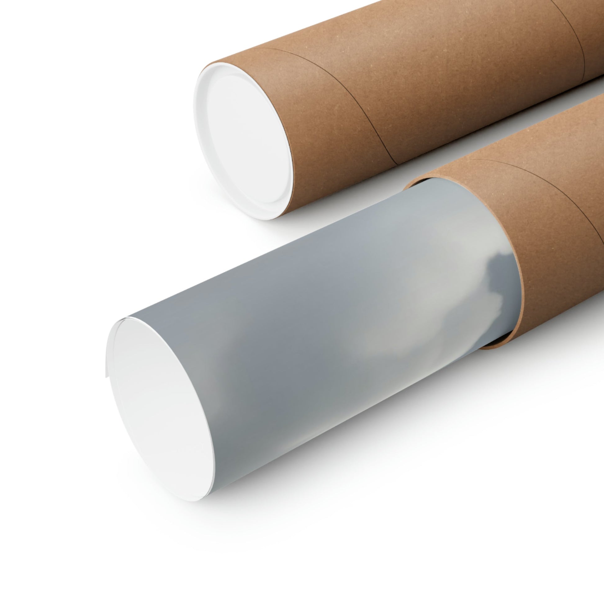 Two rolls of brown paper with white paper on them