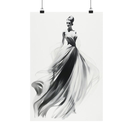 Elegant woman in a flowing, billowing gown with an upswept hairstyle.