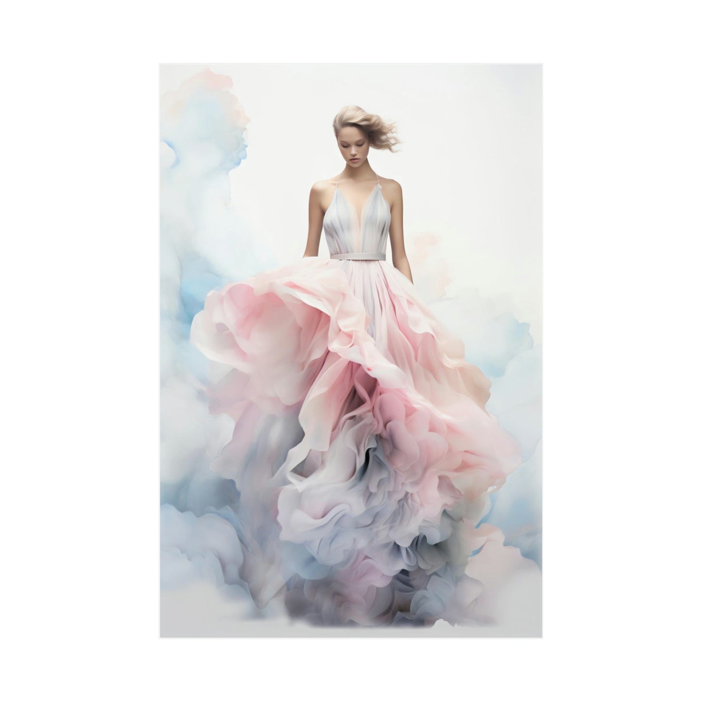 Ethereal figure in a flowing pink and white gown with billowing fabric.