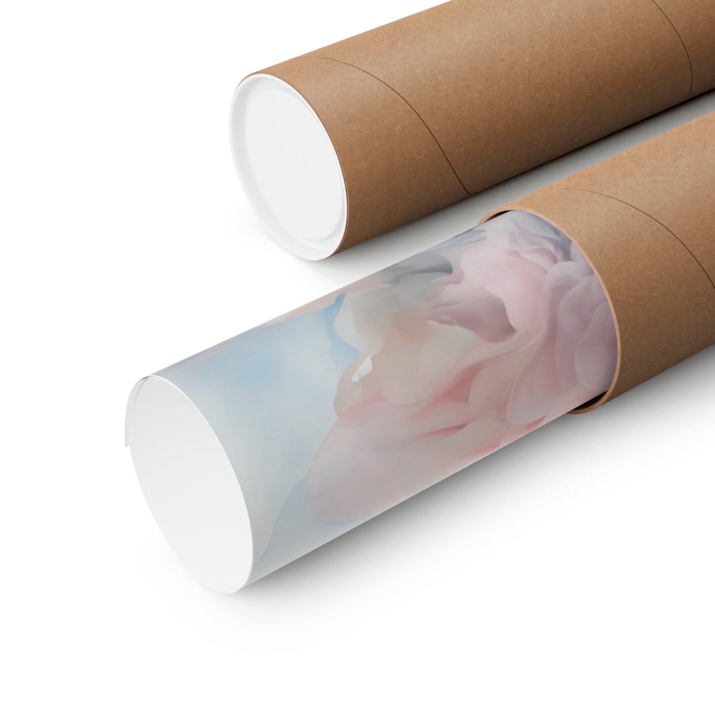 Cylindrical cardboard tubes, one containing a rolled-up poster or print.