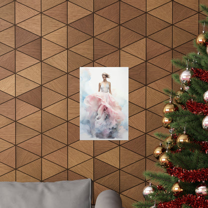 Geometric wood paneled wall with a framed artwork and partial Christmas tree visible.