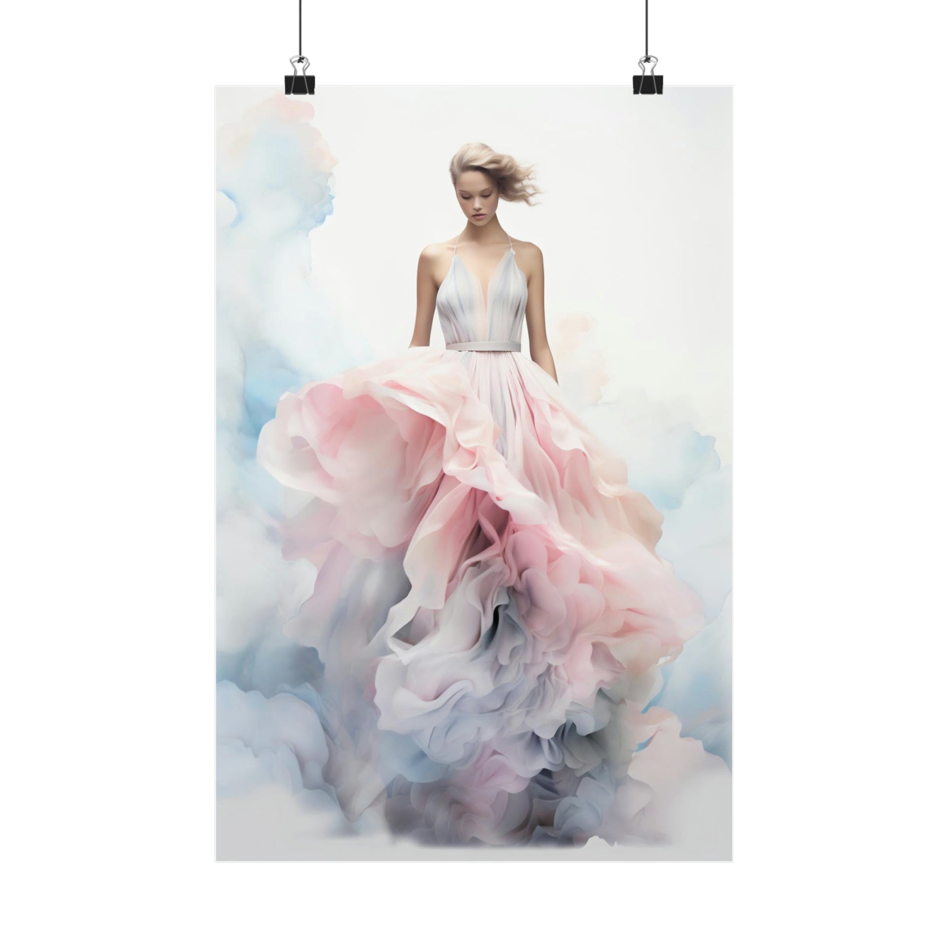 Ethereal watercolor painting of a woman in a flowing pink and gray gown.