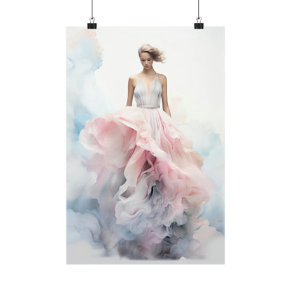 Ethereal watercolor painting of a woman in a flowing pink and gray gown.