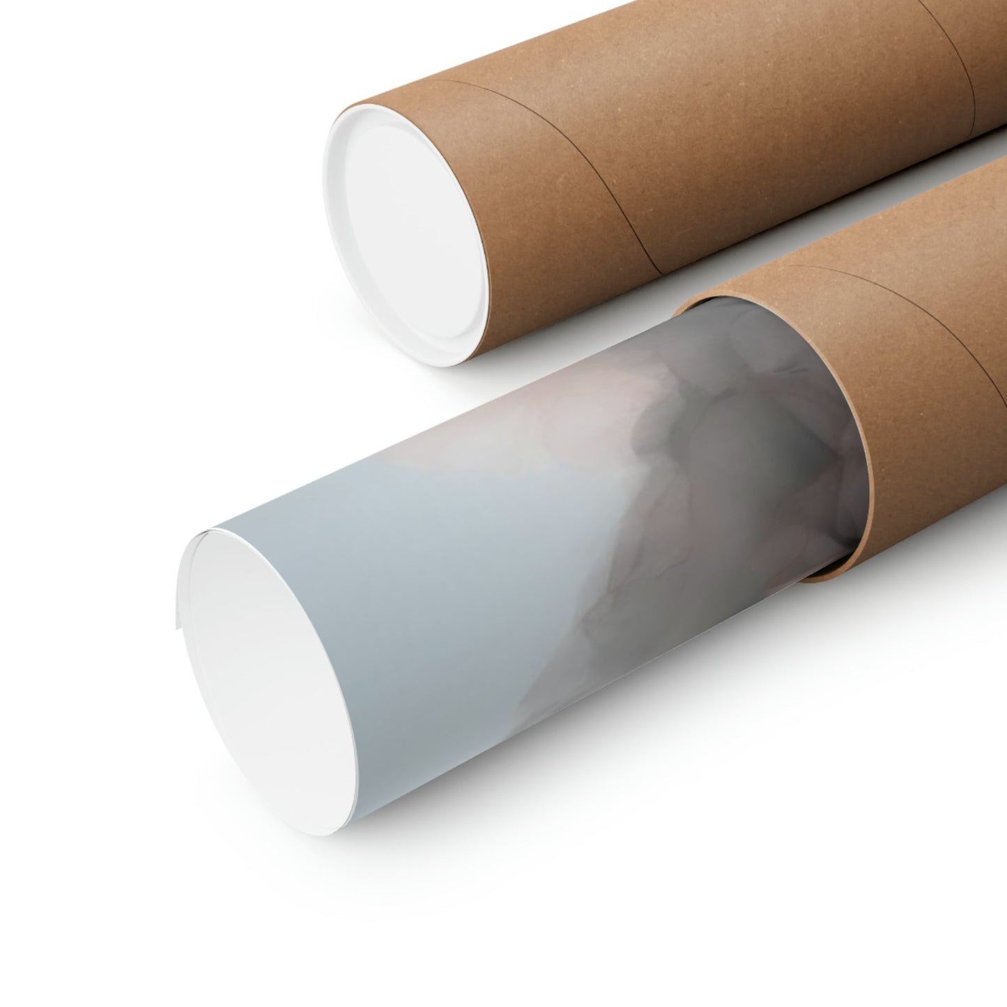 Cardboard mailing tubes or poster tubes, one open to reveal a white interior.