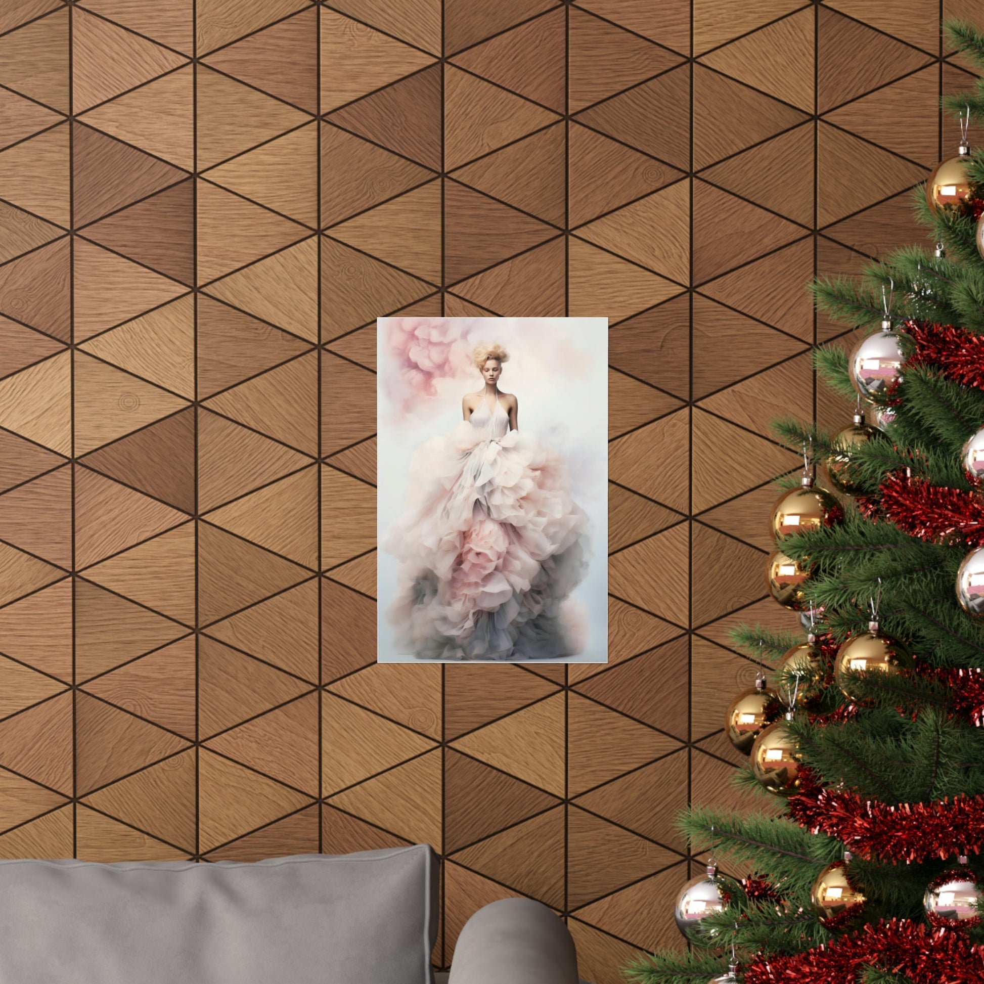 Geometric wood paneled wall with a framed artwork and partial Christmas tree visible.