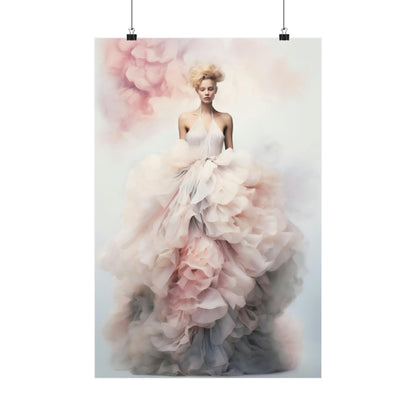 Ethereal figure in a flowing, voluminous white gown with pink accents.