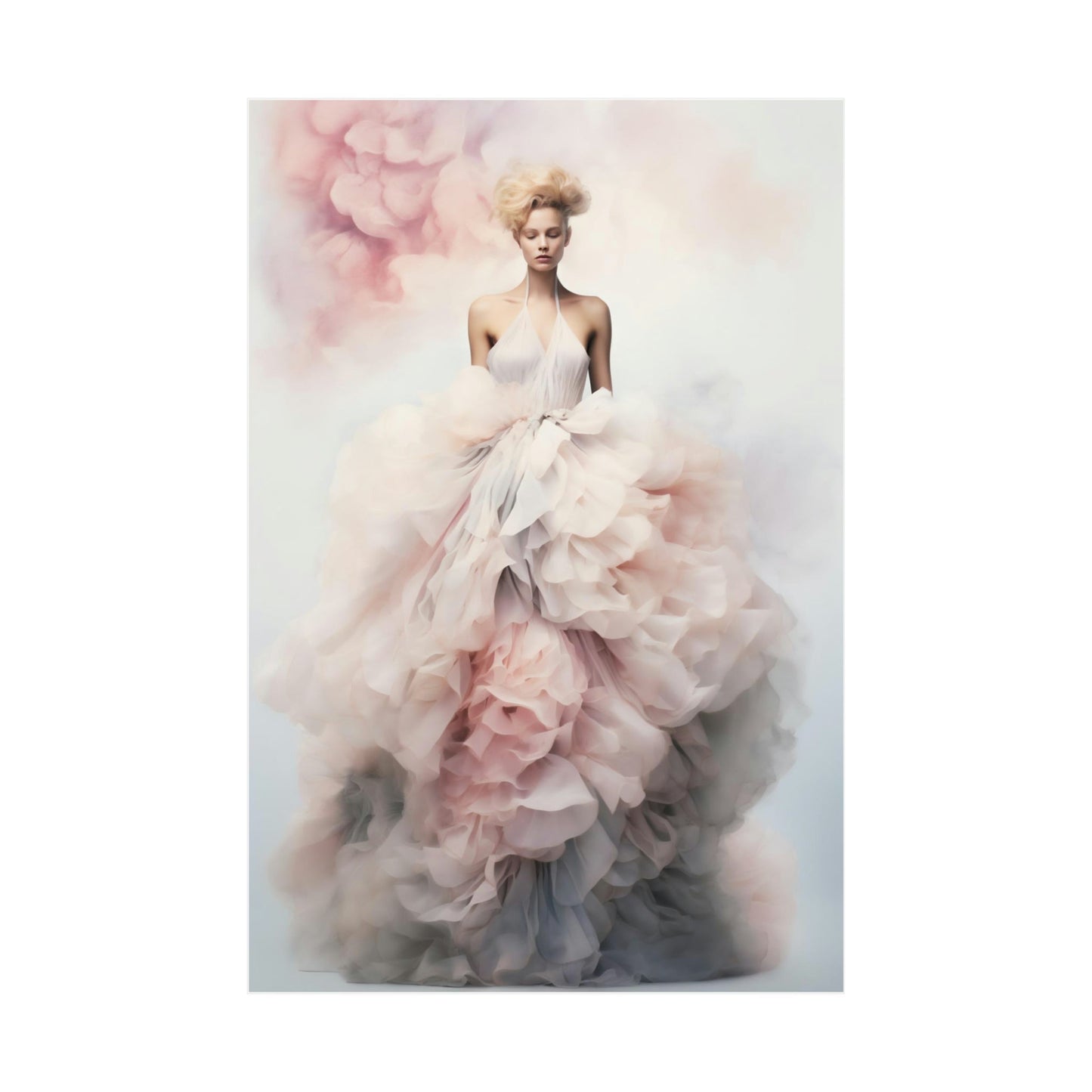 Elegant woman wearing an ethereal, flowing white gown with pink accents.