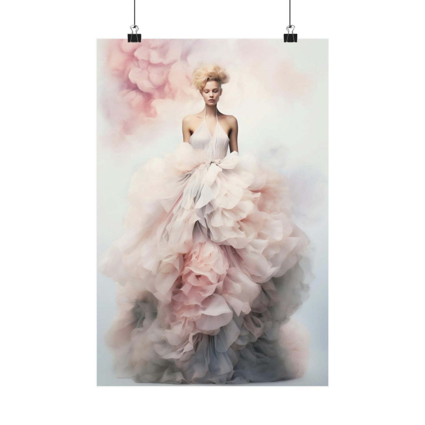 Ethereal woman in a flowing, blush-toned gown resembling delicate rose petals.