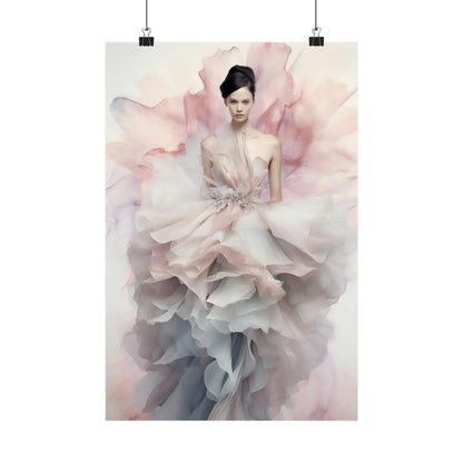 Woman wearing an ethereal, flowing gown resembling delicate flower petals in soft pastel hues.