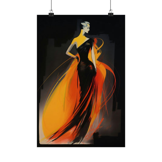 Stylized painting of a woman in a flowing orange and black dress with dramatic movement.