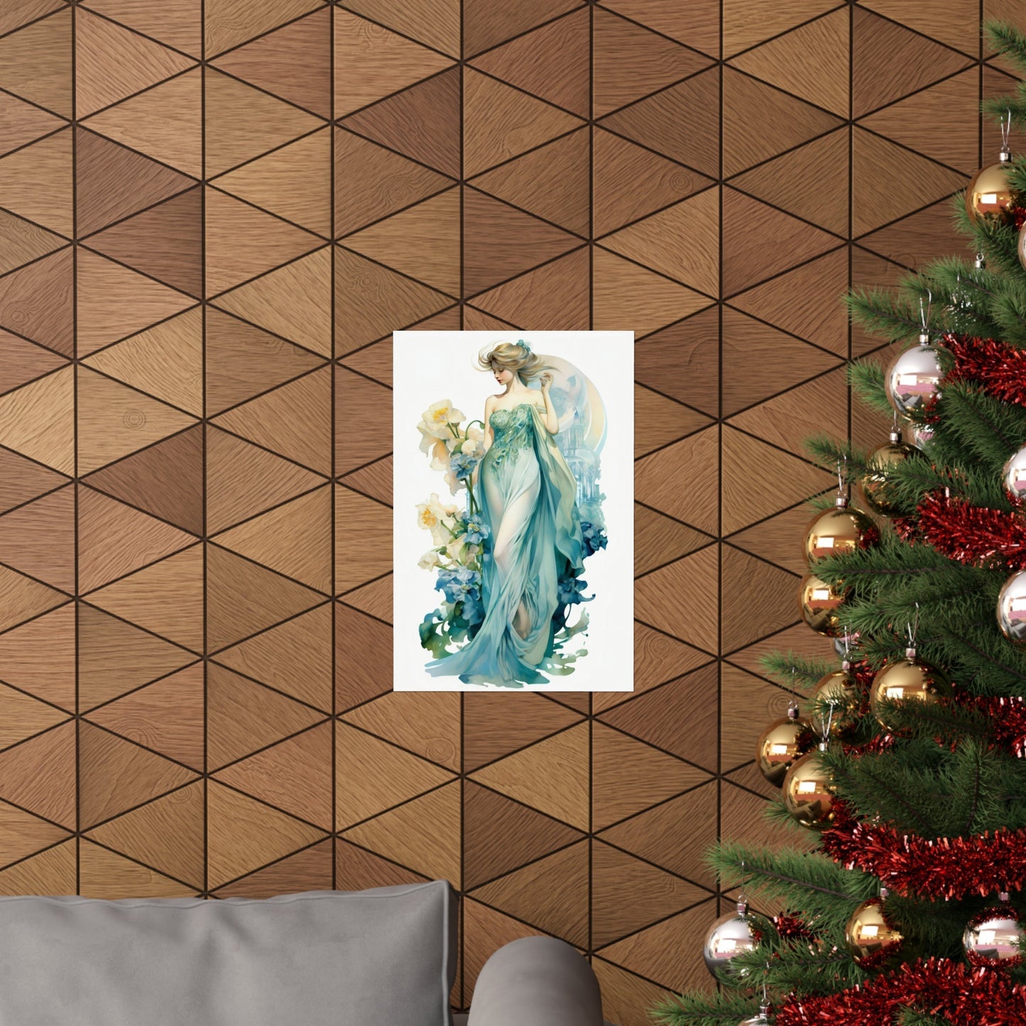 A christmas tree with a picture of a woman in a blue dress