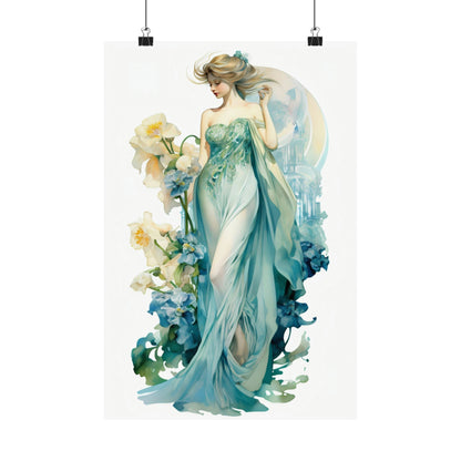 Ethereal female figure in a flowing teal gown surrounded by floral elements.