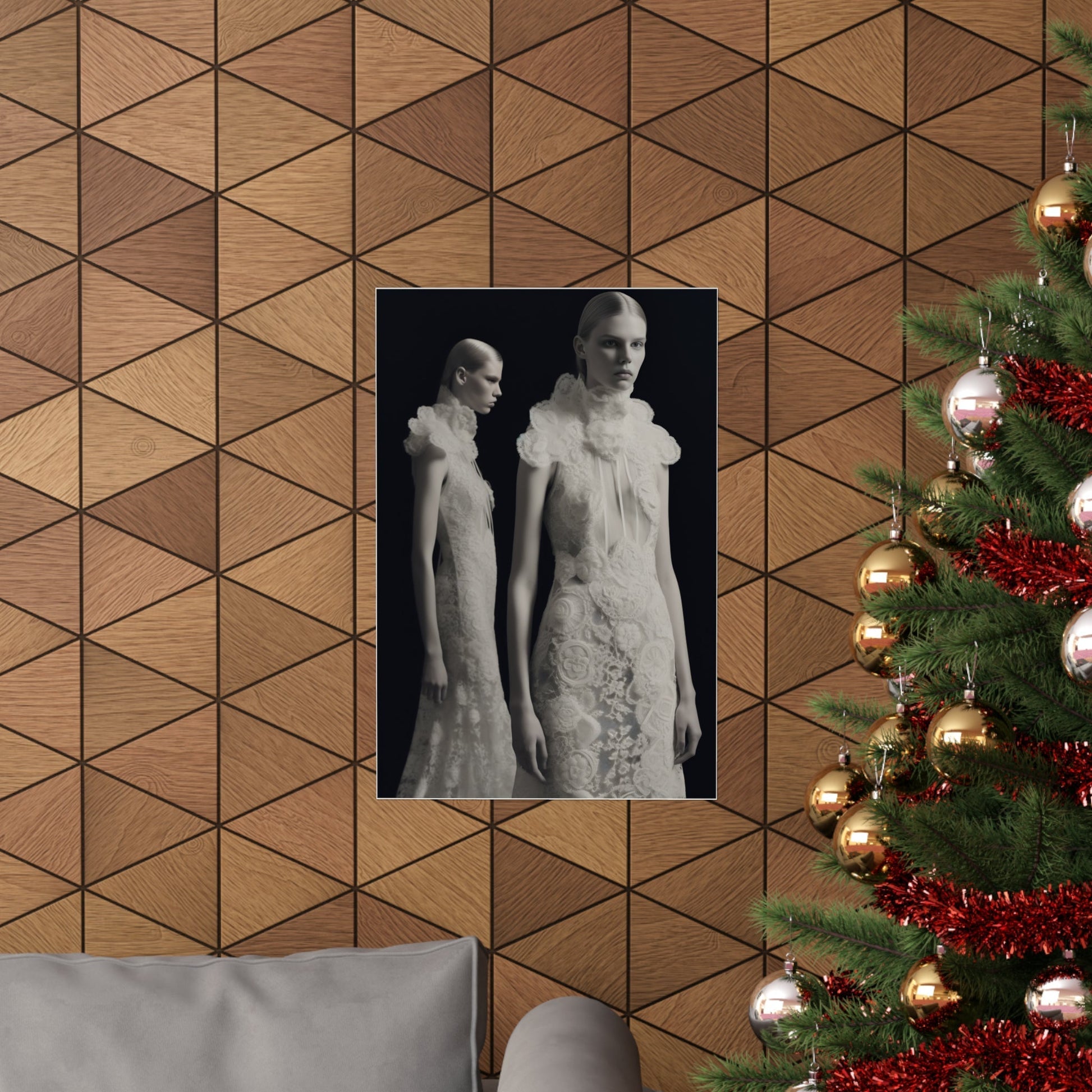 A christmas tree with a picture of two women