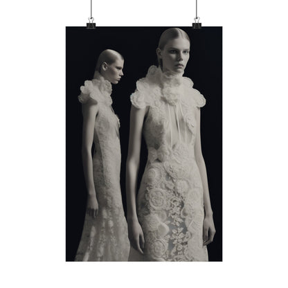 Black and white photograph of two models wearing avant-garde white dresses with elaborate floral and ruffled details.