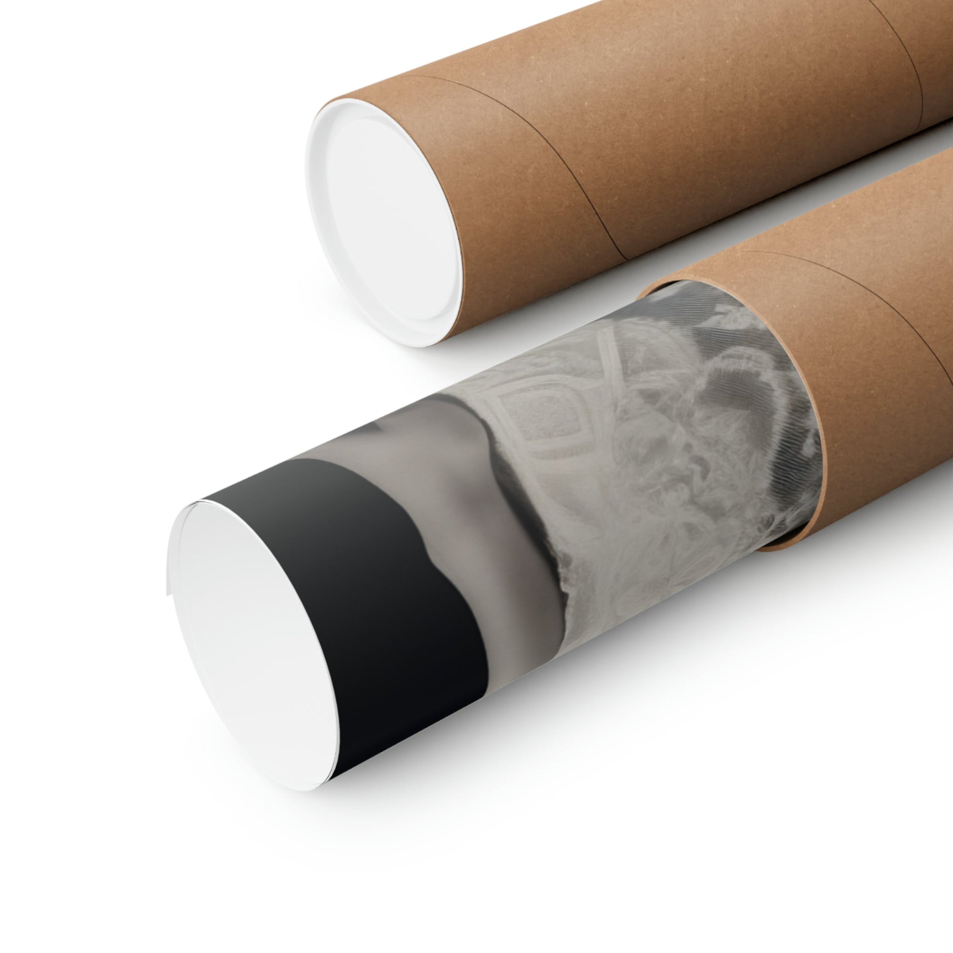 Two rolls of brown paper with a black and white photo on them